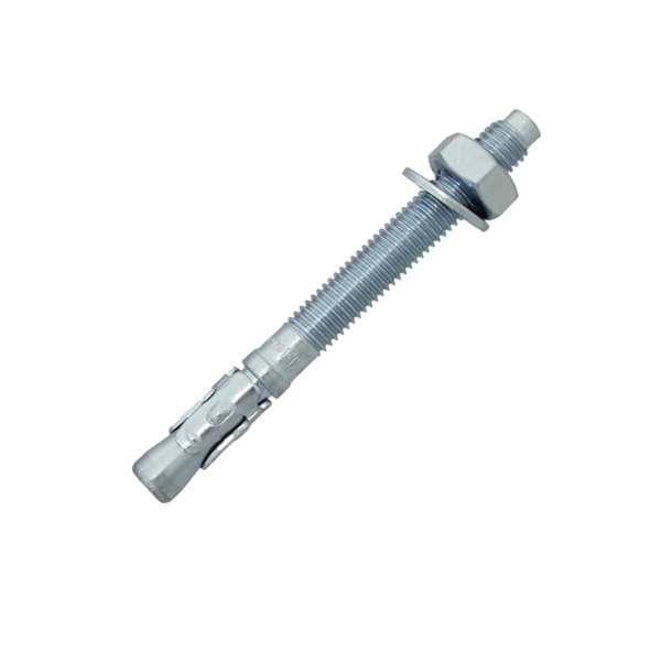 Metal anchor bolt with washer and hex nut, shown diagonally